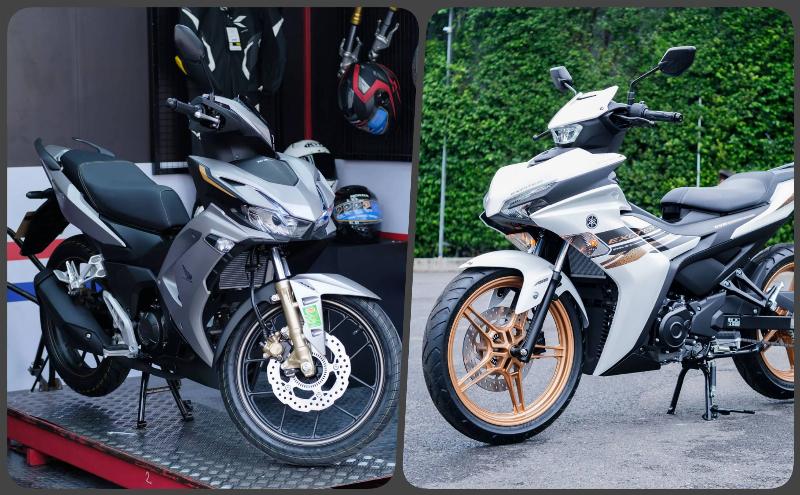 Hai chiếc Honda Winner X 2024 và Yamaha Exciter 155 VVA 2024 đỗ cạnh nhau, nhìn từ góc ngang, tập trung vào thiết kế và kích thước tương đồng